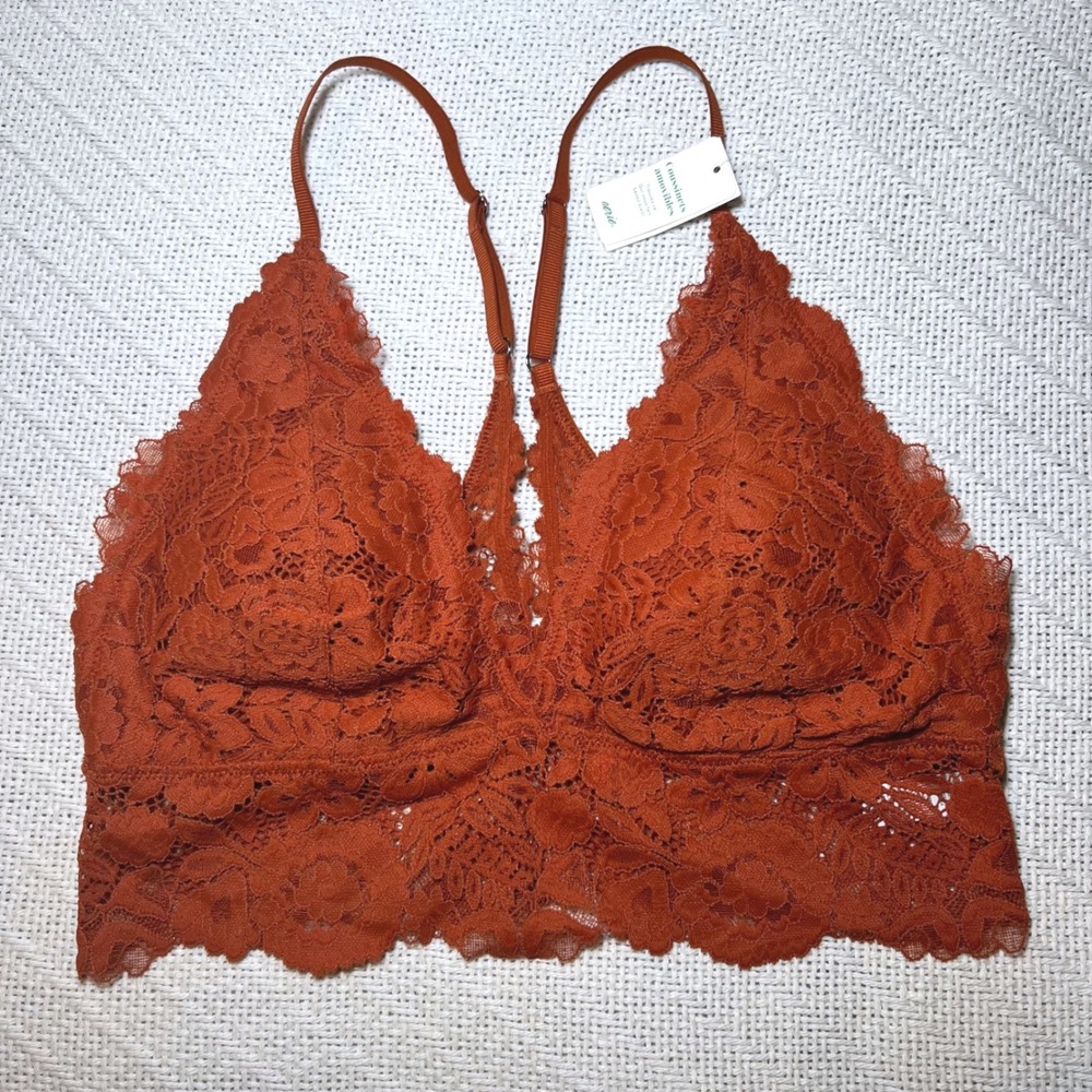 Aerie Burnt Orange Floral Lace Longline Bralette Fall Vibes Size Medium